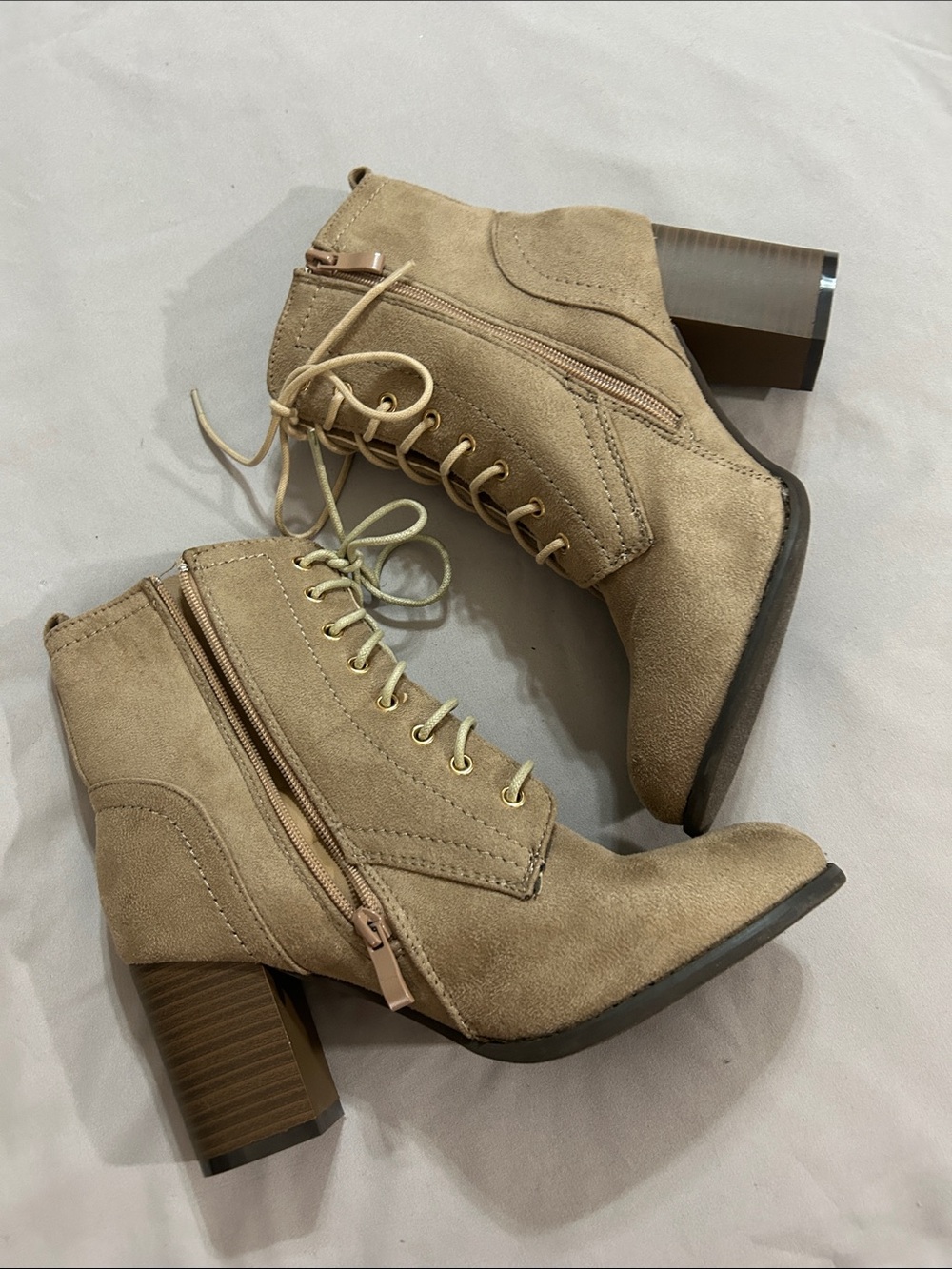 Suede-Look Tan Lace-Up Block Heel Ankle Boots